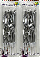 Свічки для торта КНР "Спіральні 16см" 12 штук сріблясті №378-1-S