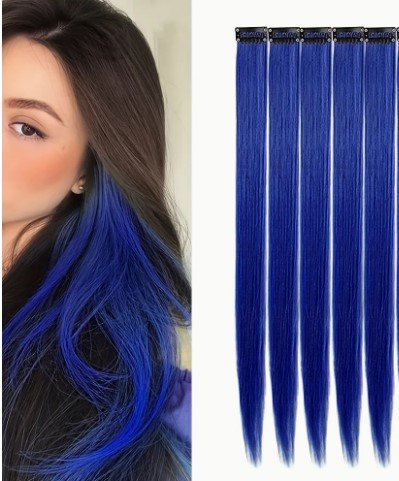 Накладні пасма на шпильках-кліпсах для волосся 55,8 см 5 шт Синій колір термостійке волокно, фото 1