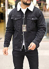 Чоловіча чорна джинсова куртка на хутрі тепла джинсовка з хутряним коміром, фото 5