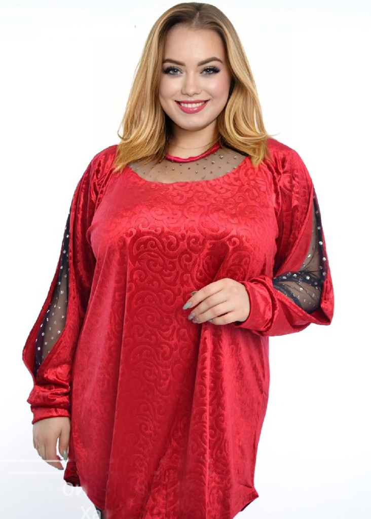Велюрова туніка великих розмірів червона ошатна