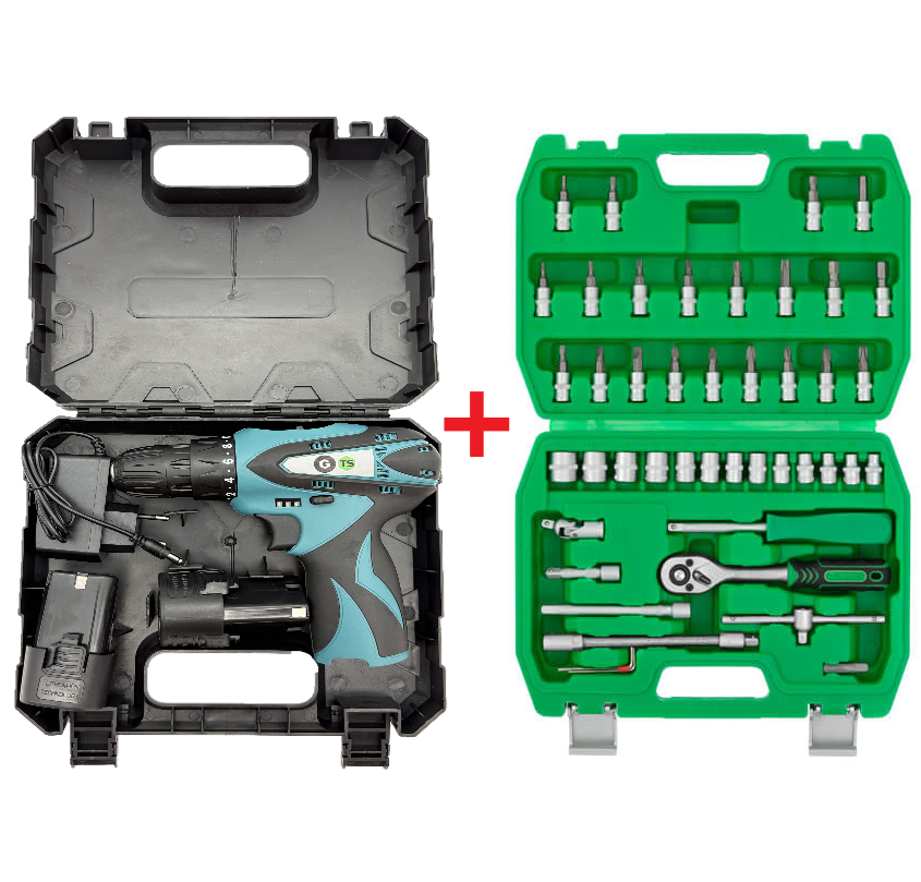 Автомобільний інструментів 46 шт., 1/4" INTERTOOL ET-6046SP + Шуруповерт акумуляторний GTS 70310, фото 1