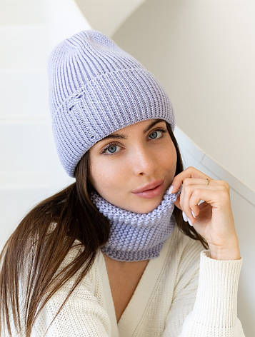 Жіноча в’язана шапка і хомут набір 1 вовна 20% з відворотом Блакитний, фото 2