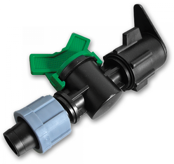 Старт-конектор з мінікраном для крапельної стрічки, в плаский шланг, DSTZ07-1701L, фото 1