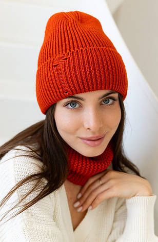 Жіноча в’язана шапка і хомут набір 1 вовна 20%  з відворотом Помаранчевий, фото 1