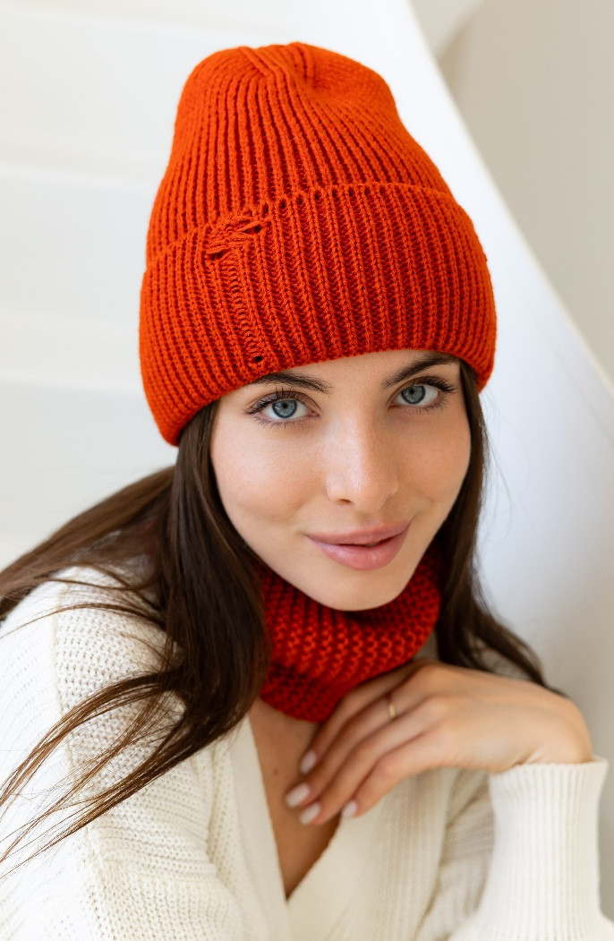 Жіноча в’язана шапка і хомут набір 1 вовна 20%  з відворотом Помаранчевий