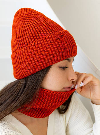 Жіноча в’язана шапка і хомут набір 1 вовна 20%  з відворотом Помаранчевий, фото 2