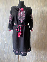 Плаття (сукня) - вишинка на чорному льоні, розмір 46 (M-L), ручна робота