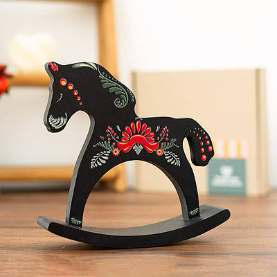 Коник-гойдалка дерев’яний "Петриківка" (чорний), 13 см — сувенір, іграшка, символ року Коня 2026