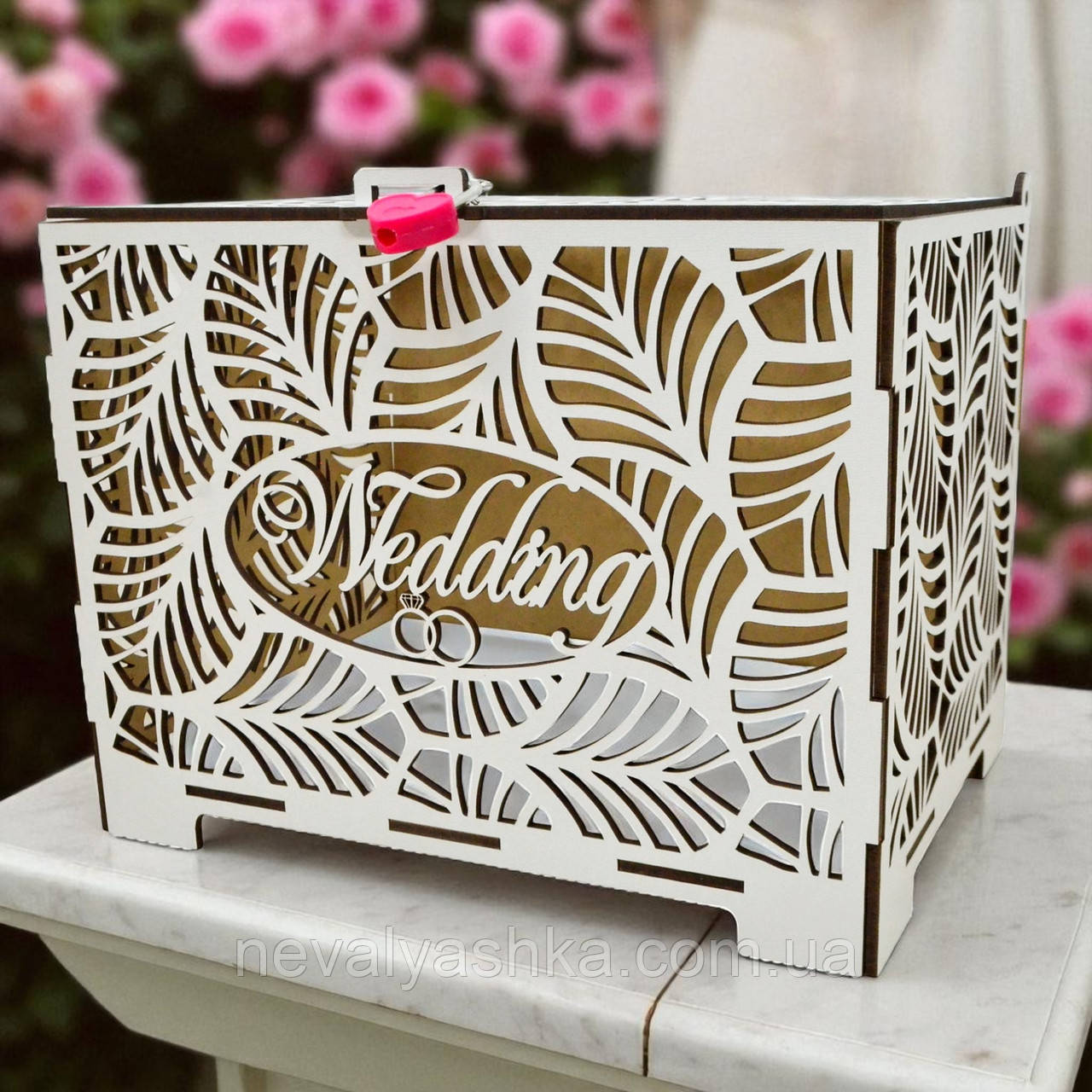 Дерев'яна Коробка на Весілля 23х18х16 см Весільна Скарбниця Коробочка для Грошей Скриня Скарбничка Біла Wedding Бокс для Конвертів, фото 1
