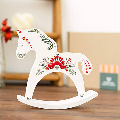 Коник-гойдалка дерев’яний "Петриківка" (білий), 13 см — сувенір, іграшка, символ року Коня 2026