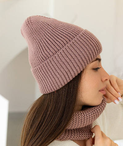 Жіноча в’язана шапка і хомут набір 2 вовна 20% з відворотом Рожевий, фото 2