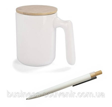 Набір еко: керамічна чашка 370 мл з бамбуковою кришкою та ручка Soft Touch з бамбуковими елементами