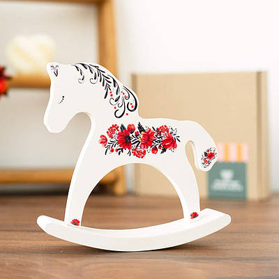 Коник-гойдалка дерев’яний "Квіти" (білий), 13 см — сувенір, іграшка, символ року Коня 2026