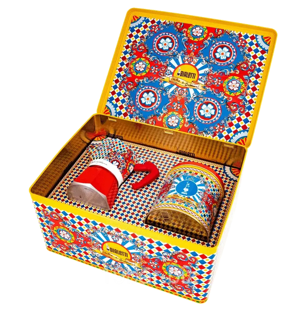 Набір банки з кавою та гейзерною кавоваркою BialettiDolce&Gabbana Sicilian Cart MOKA Express D&G 0005331, фото 1