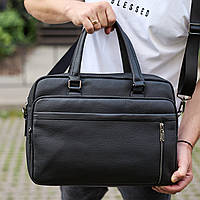 Офісна чоловіча сумка через плече 39х29х10, шкіряний портфель-месенджер для бізнесу, чорний
