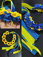 Двосторонній дитячий віночок "Соняхи - волошки" з стрічками