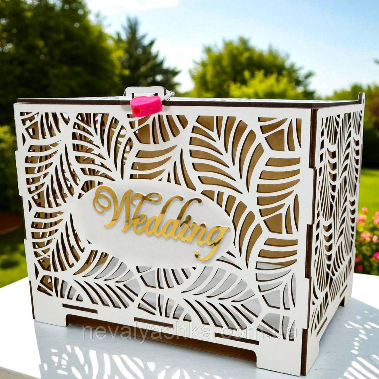 Дерев'яна Коробка на Весілля 23х18х16 см Wedding Акрил Весільна Скарбниця Коробочка для Грошей і Конвертів Скриня Скарбничка Біла