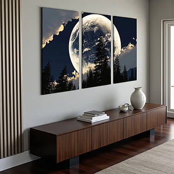 Картина з нічним пейзажем Місяць над лісом Темний настінний декор для дому 90х60 із 3х частин