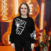 Светр жіночий теплий спущений рукав манжети квіти 46 чорний