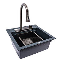 Кухонна гранітна мийка VALESO 5149 VIVA антрацит чорна LED з водоспадом та змішувачем 5050