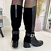 Жіночі чоботи на стійких підборах. Натуральна шкіра та замша чорного кольору, фото 4