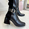 Жіночі чоботи на стійких підборах. Натуральна шкіра та замша чорного кольору, фото 6
