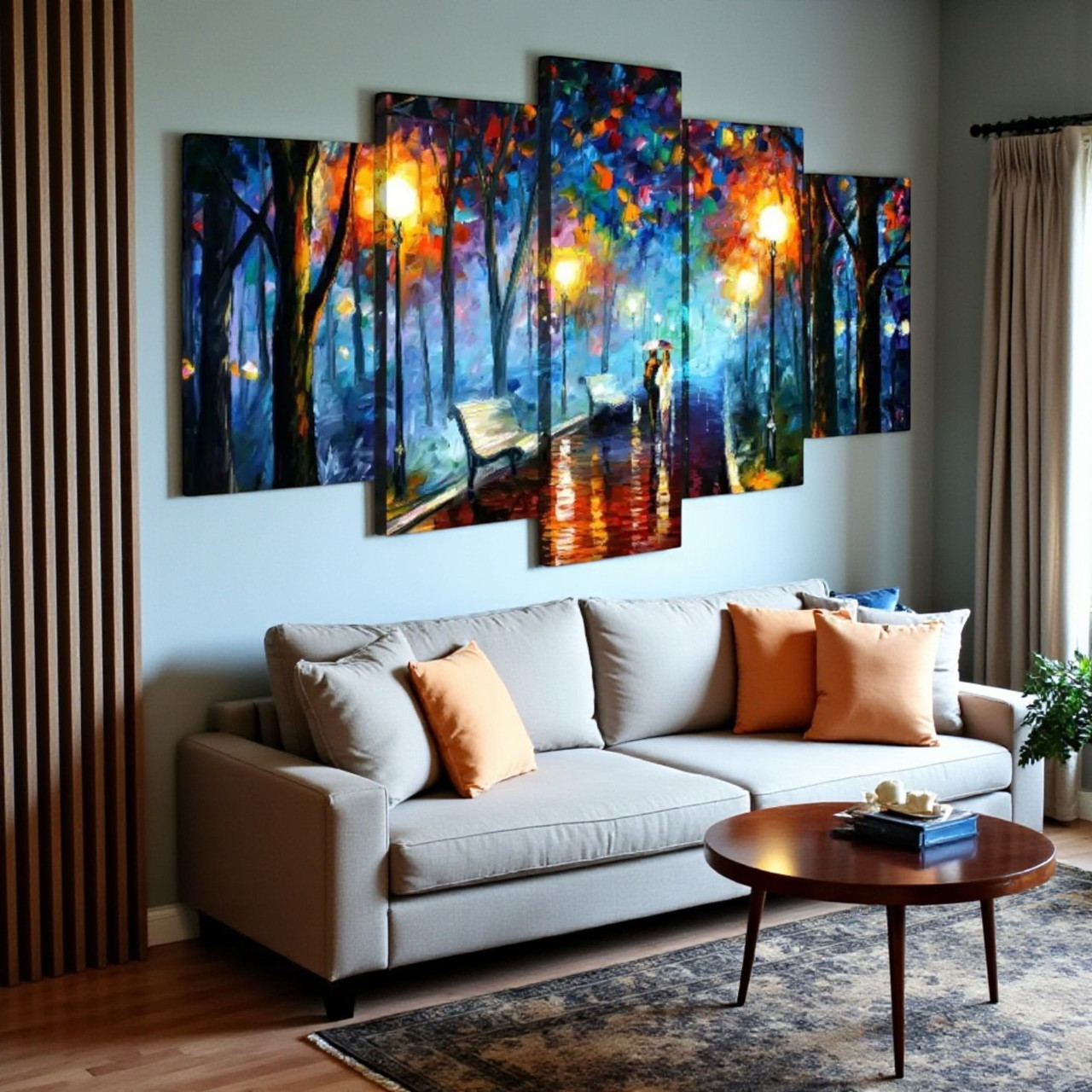 Модульна картина Вечірній краєвид осіннього міста Яскравий настінний декор в інтер'єр 125x70см з 5 частин, фото 1