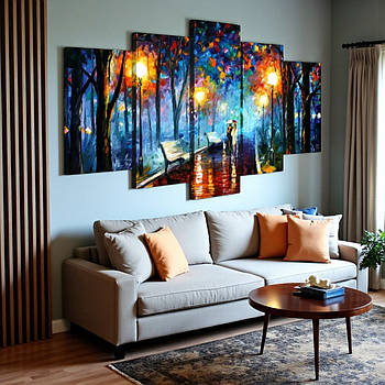 Модульна картина Вечірній краєвид осіннього міста Яскравий настінний декор в інтер'єр 125x70см з 5 частин