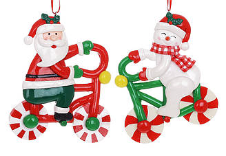 Набір ялинкових іграшок Карамельний Санта і Сніговик на велосипеді 12 см,