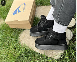 Черевики уги ЧОРНІ з манжетом на високій підошві зі шнурками екозАМША теплі жіночі зима