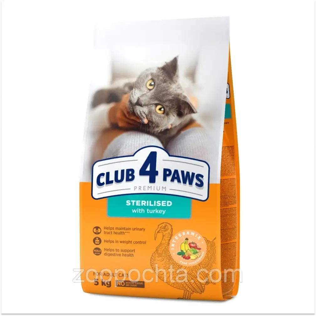 Сухий корм для стерилізованих котів CLUB 4 PAWS Клуб 4 лапи Premium Sterilised with Turkey з індичкою 5 кг, фото 1