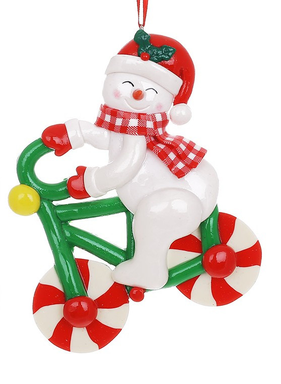 Ялинкова іграшка Карамельний Сніговик на велосипеді 12 см, фото 1