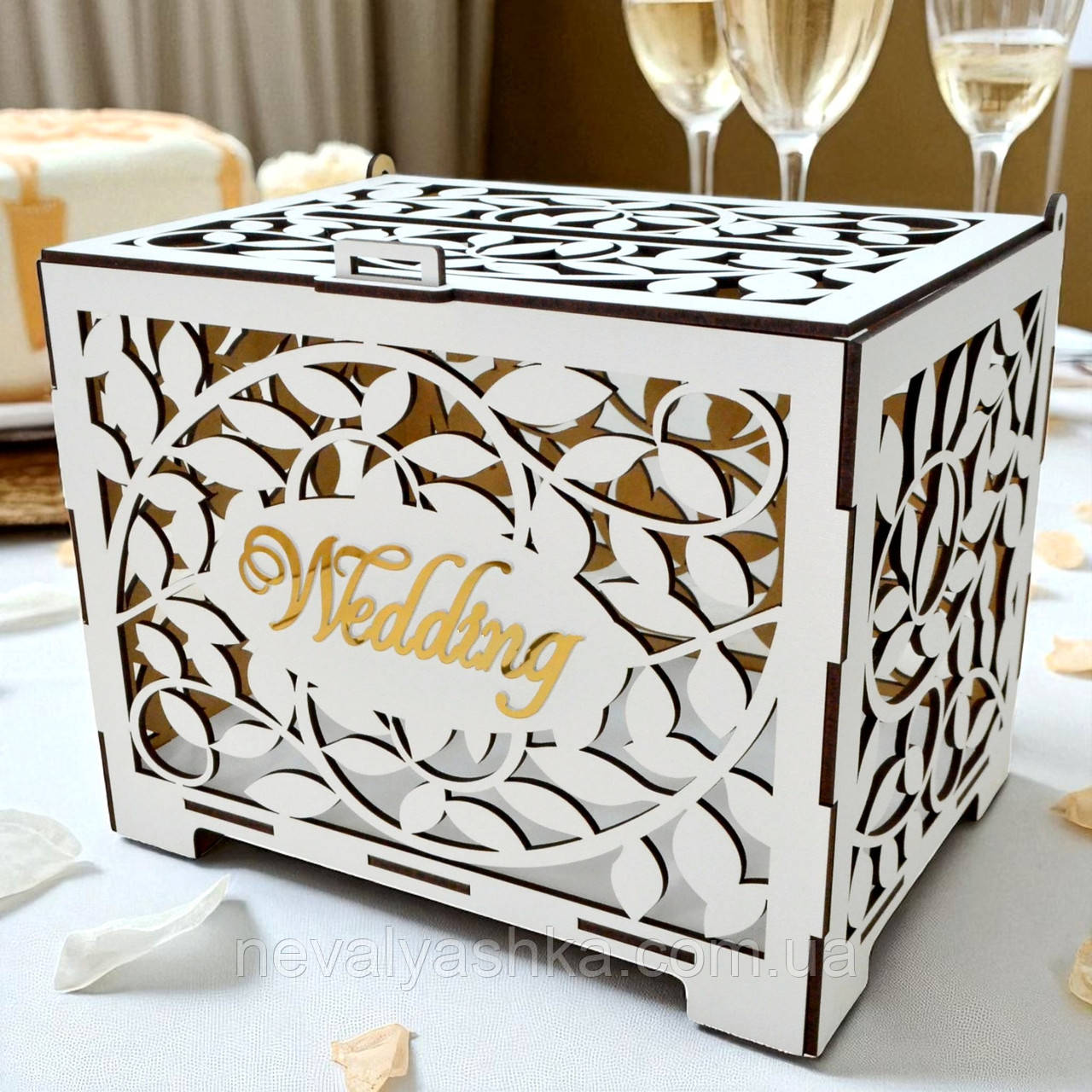 Дерев'яна Коробка на Весілля 23х18х16 см Wedding Листя Весільна Скарбниця Коробочка для Грошей і Конвертів Скриня Скарбничка Біла