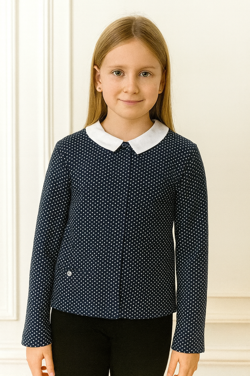 Дитяча шкільна блуза на дівчинку з довгим рукавом, синя, фото 1