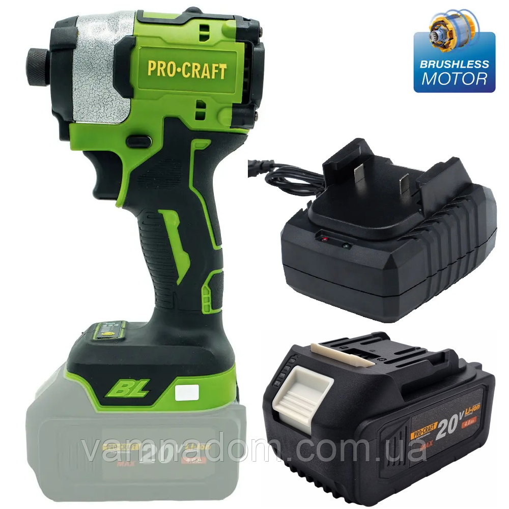 Акумуляторний безщітковий гвинтоверт Procraft PS20 (1 Акумулятор 20 В, 4 А/год і Зарядний пристрій), фото 1