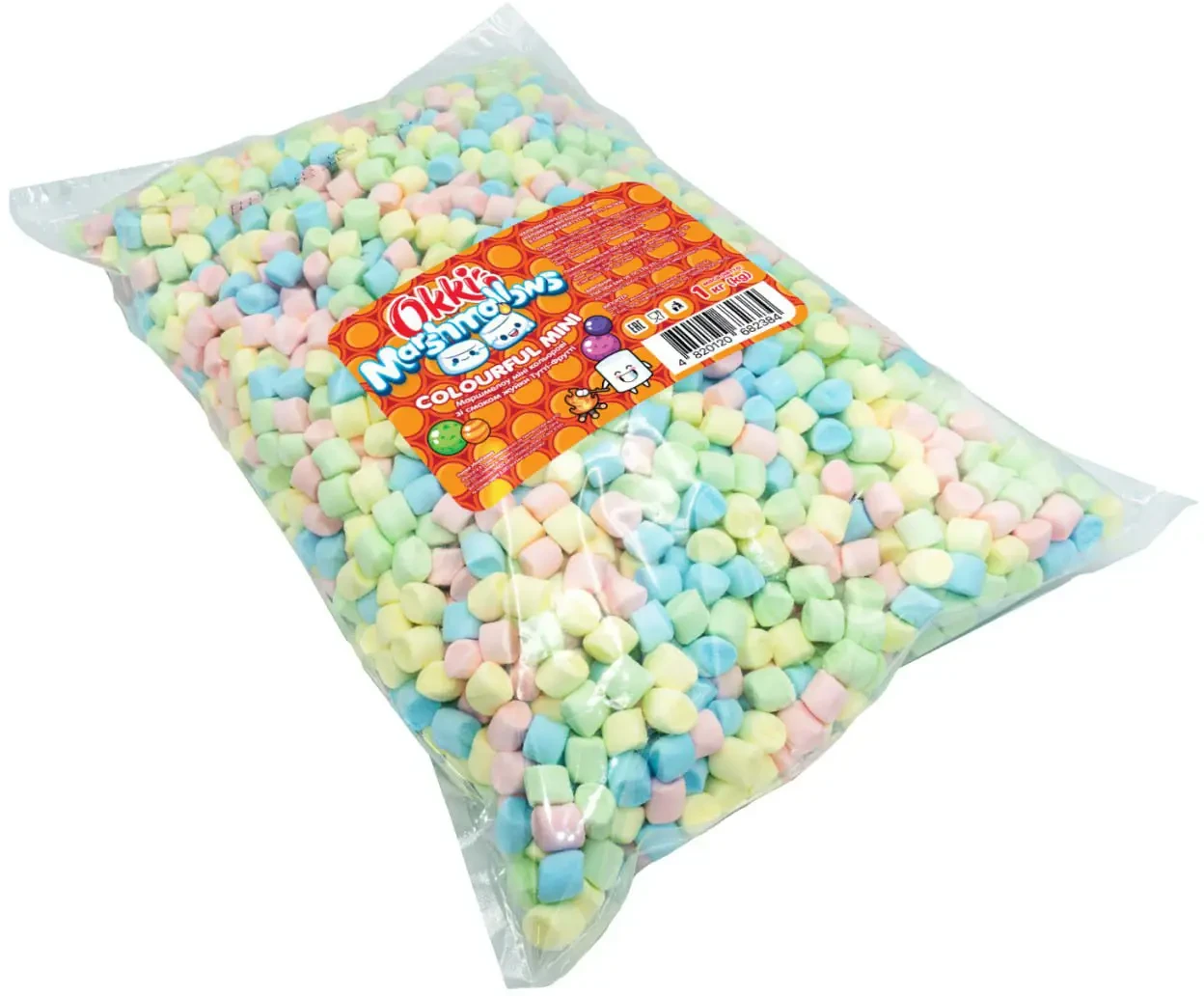 Зефір Маршмеллоу кольоровий Mini Snowy Mallows Colourful Okki 1кг зі смаком жуйки Тутті Фрутті, фото 1