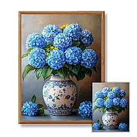 Набір для вишивання хрестиком в 3 нитки 11 ст Блакитні гортензії з нанесеною схемою на канву 30 х 40 см