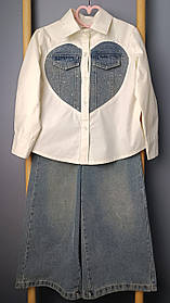 Джинсовий комплект для дівчинки, сорочка з серцем та джинси палаццо, зріст 130 см