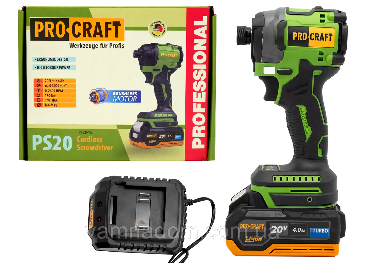 Акумуляторний безщітковий гвинтоверт Procraft PS20 (1 Акумулятор Turbo 20 В, 4 А/год і Зарядний пристрій), фото 1