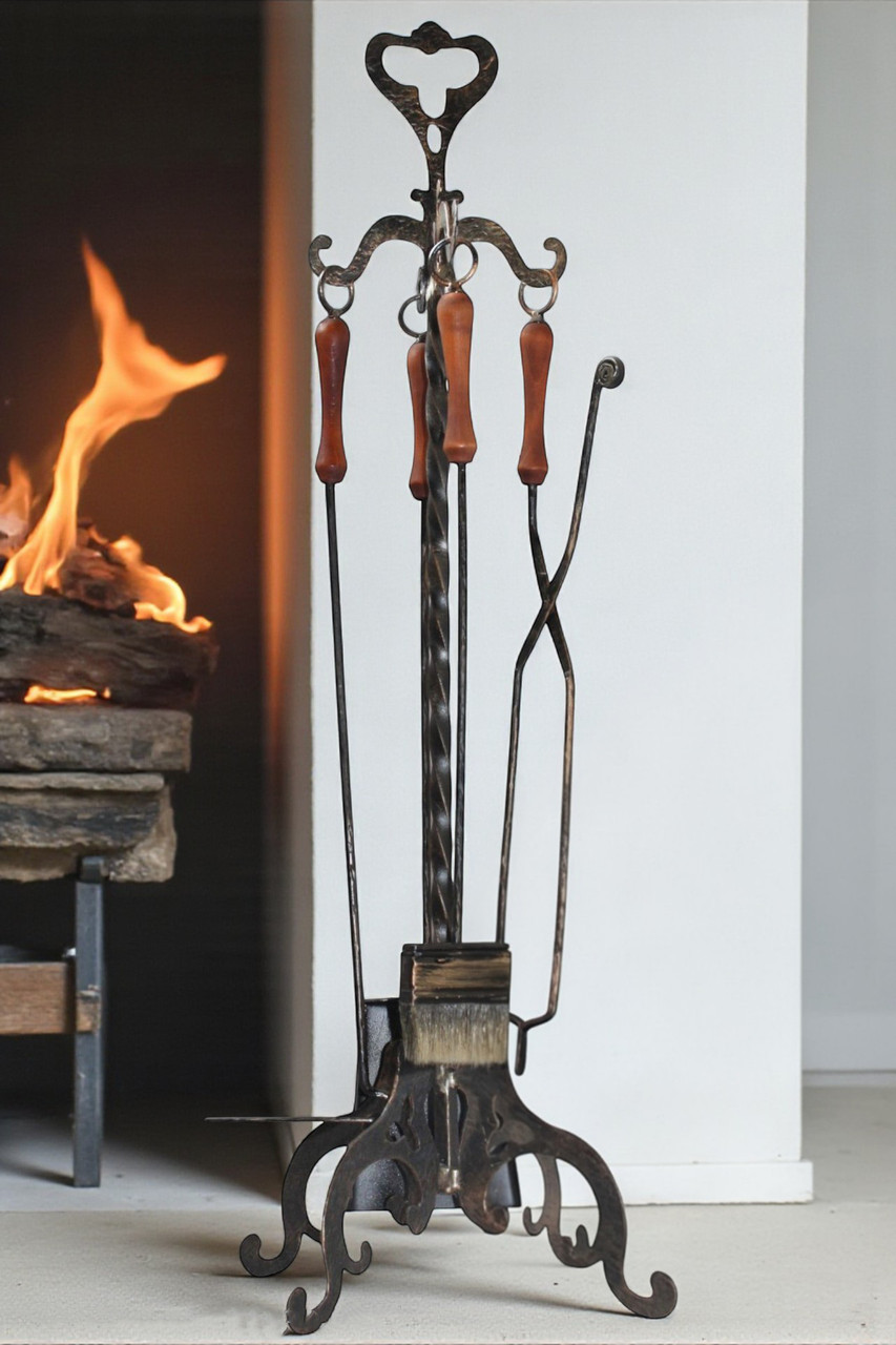 Кований набір для каміну з дерев'яними ручками на 4 предмету К10, фото 1