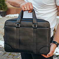 Шкіряна чоловіча сумка для документів та ноутбука чорна SL-21511