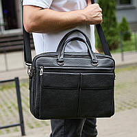 Сумка чоловіча офісна через плече 39х29х10, практичний шкіряний портфель для бізнесу, сумочка для навання, чорний