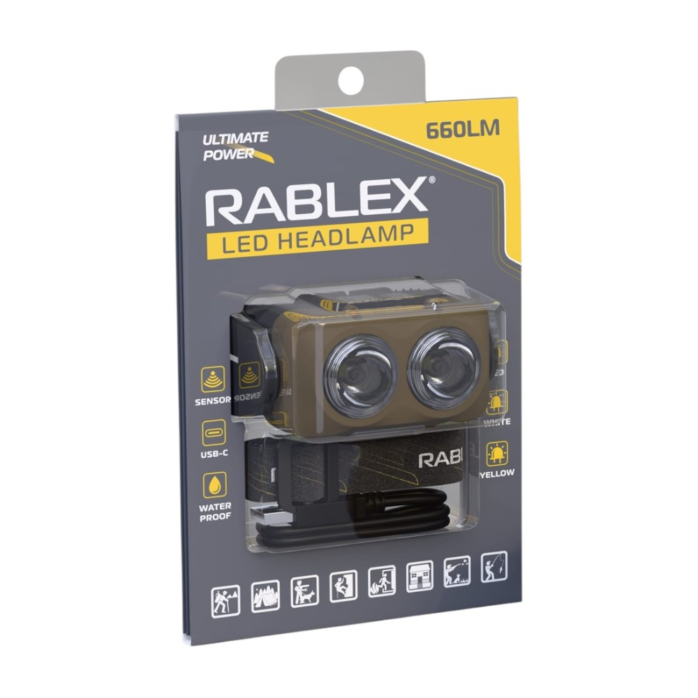 Налобний ліхтар Rablex RB976, жовтий + білий + червоний, 3хT6+4хCOB, Sensor, акум, Type-C, фото 1