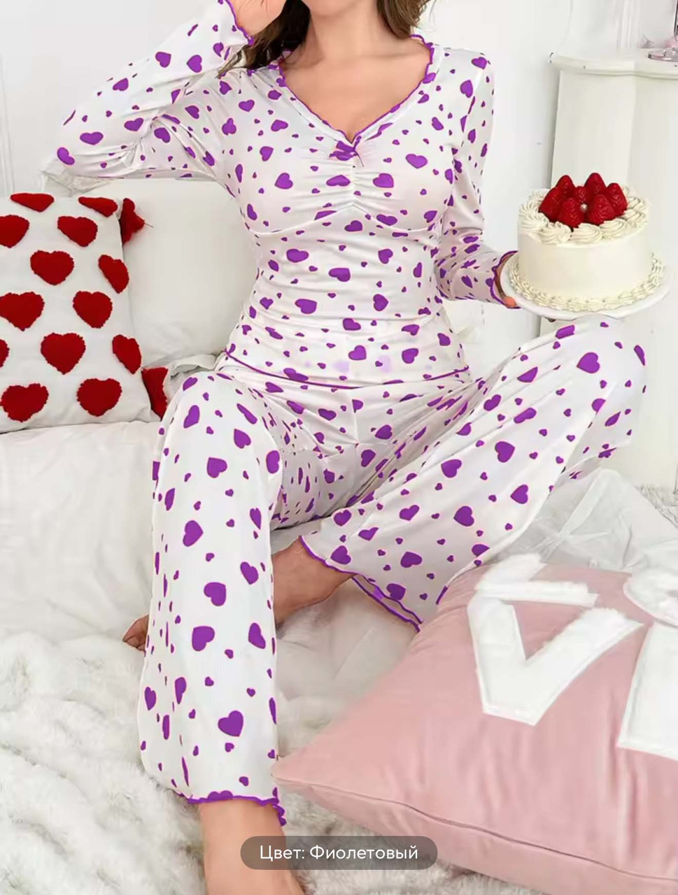Жіночі піжами №D0442 Білий з бузковими серцями, фото 1