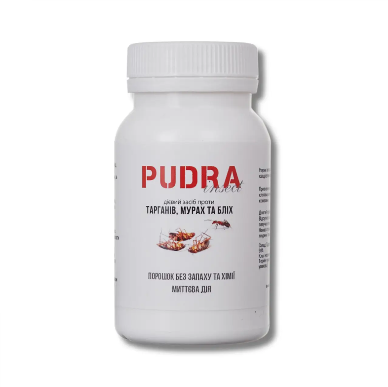 Клопи й таргани, блохи в оселі — Pudra Порошок 100 мл: еко-порошок; посипати щілини й плінтуси; без запаху, довший ефект, фото 1