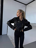 Жіноча стильна укорочена крута демісезонна куртка косуха чорного кольору 42-44 46-48