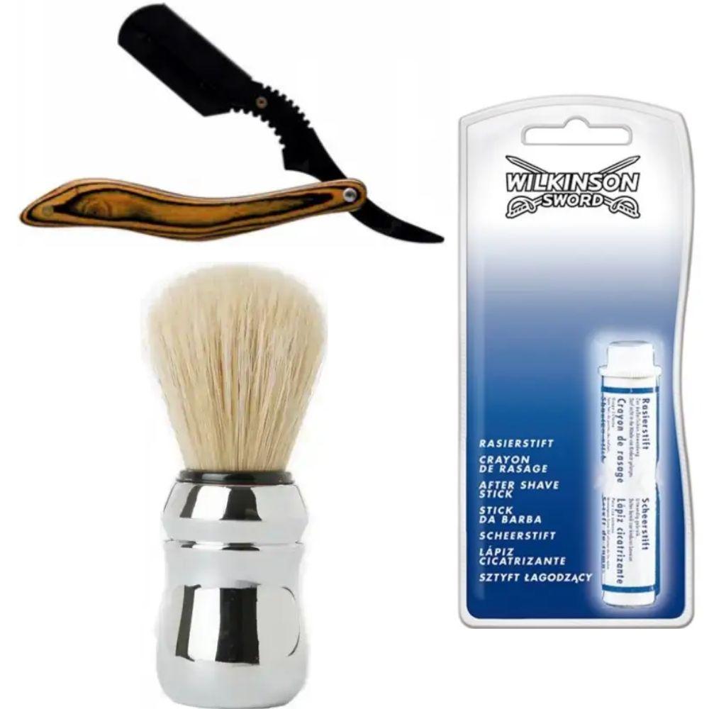 Небезпечна бритва/шавета розкладна Straight Razor + помазок Proraso + кровоспинний олівець Wilkinson Sword After Shave Stick, фото 1