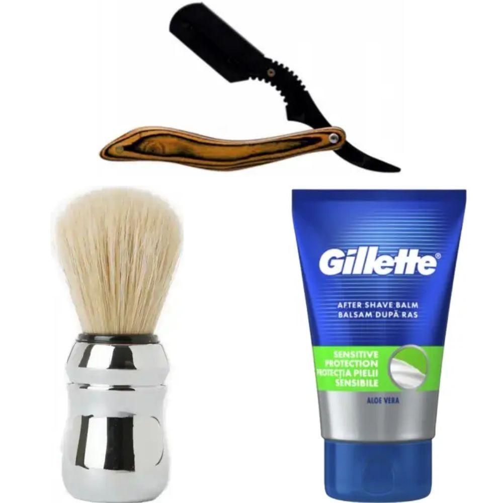 Небезпечна бритва/шавета розкладна Straight Razor + помазок Proraso + бальзам після гоління Gillette Sensitive Protection, фото 1