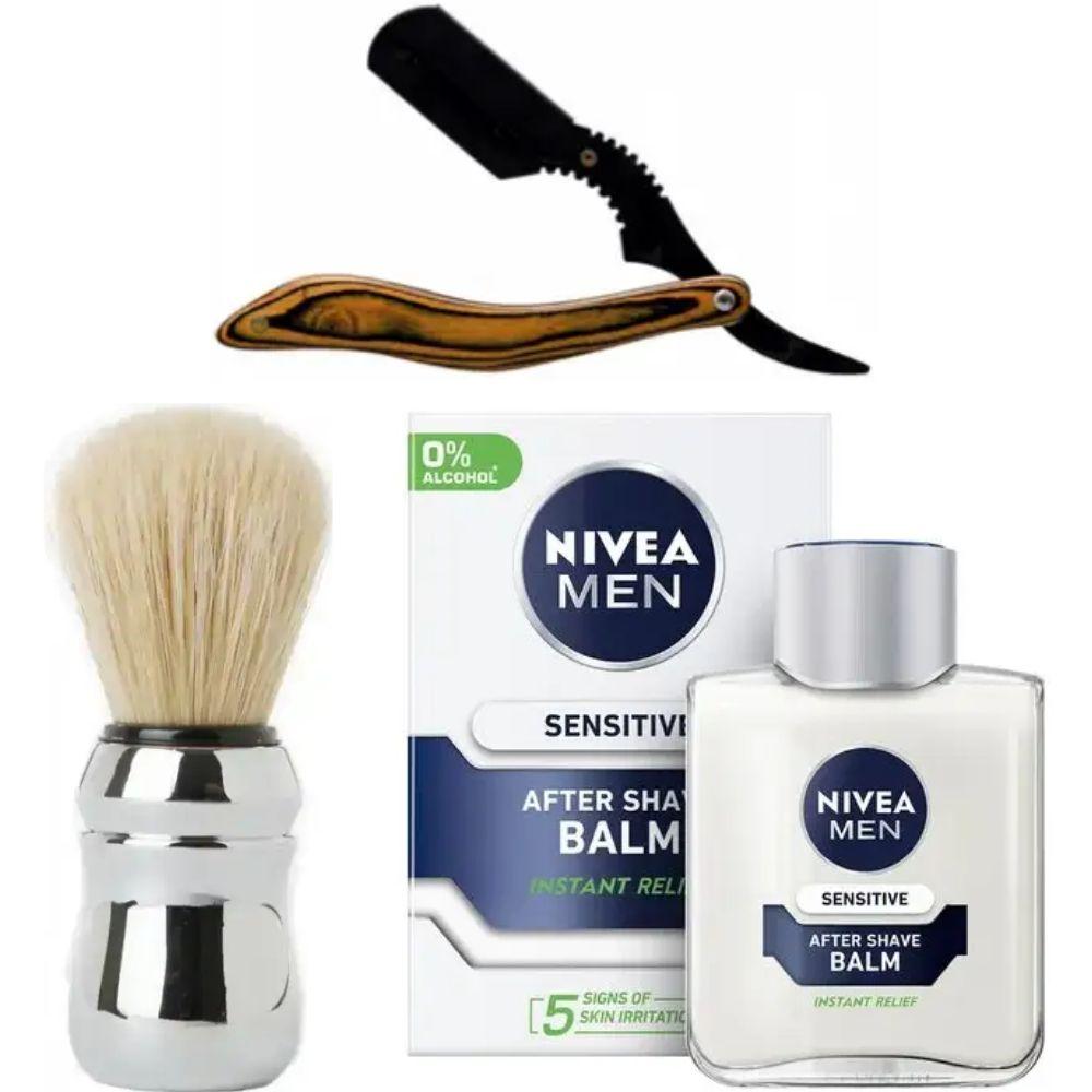 Небезпечна бритва/шавета розкладна Straight Razor + помазок Proraso + бальзам після гоління Nivea Men Sensitivе 100 мл, фото 1