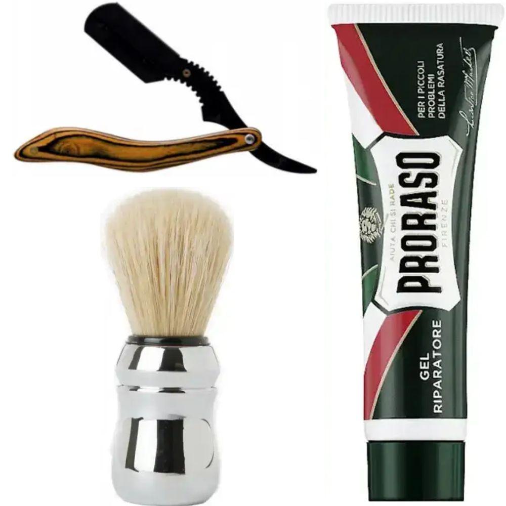 Небезпечна бритва/шавета розкладна Straight Razor + помазок Proraso + гель від порізів Proraso Razor Cut Repair Gel, фото 1